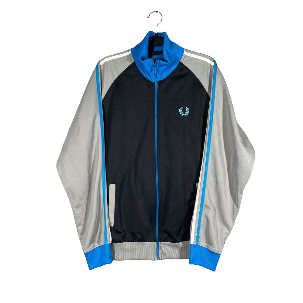 Fred Perry Track Jacket Mens L Black Grey Blue Sporty Retro Preppy Colorblock